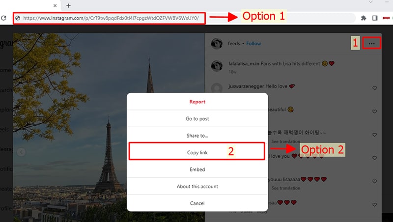 Copy the post link on Instagram